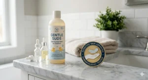 Illustration of a gentle bubble bath bottle next to a "Dermatologist Tested" seal for toddlers with sensitive skin.