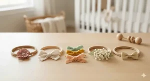 A close-up photograph illustrating five different styles of soft nylon baby headbands neatly arranged in a row, with various attached accessories.