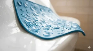 Close-up illustration of powerful suction cups on the bottom of a non-slip bath mat for baby safety.