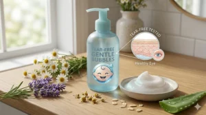Illustration of a tear-free baby face wash bottle showing a no-tears symbol for eye safety.