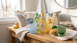 A silicone tear-free waterfall rinser cup used to keep soapy water out of a baby's eyes.