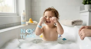 A "No Tears" icon illustrating a gentle, safe bubble bath for toddlers that won't irritate eyes.