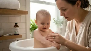 Illustration of a parent performing a patch test of vapor bath suds on a baby’s leg to check for skin sensitivity.