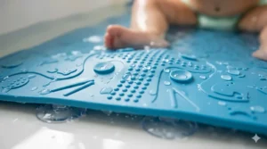 Illustration of the soft, textured anti-slip surface of a baby bath mat designed for sensitive skin.