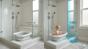 A side-by-side 4K comparison showing an empty walk-in shower vs. a toddler tub with blue graphic overlays visualizing compact base measurements and fit on a marble floor.