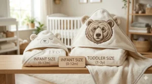 Illustration comparing the dimensions of a standard infant towel vs a large baby hooded towel.