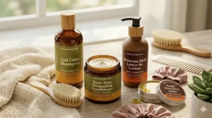 A wide-tooth comb and soft-bristled brush set displayed with detangling products for black baby hair maintenance.