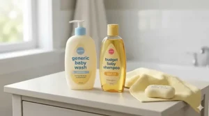 A bottle of budget-friendly 2-in-1 baby hair and body wash next to a soft yellow washcloth.