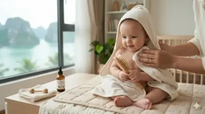 A photorealistic 4K detailed photograph showing an infant wrapped in a white hooded towel after a bath, with a bottle of growth oil nearby to illustrate a post-bath hair care routine.