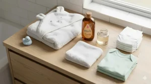 An overhead view of baby bath essentials including a towel, mild soap, clean diaper, and fresh clothes on a counter.