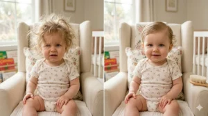 Side-by-side illustration of frizzy bedhead versus smooth hair after applying a detangler for baby hair.