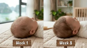 A conceptual 4K comparison photograph showing a baby's scalp at Week 1 with sparse hair and at Week 8 with visibly thicker, healthier hair growth.