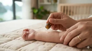 A photorealistic 4K close-up photograph showing a caregiver using a glass dropper to apply a drop of hair growth oil to an infant's inner forearm for a safety patch test.