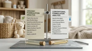 Illustration showing a comparison of clean organic ingredients versus synthetic chemicals on baby wash labels.