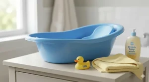 An ergonomic blue plastic baby bathtub designed for newborns and toddlers, representing a top value purchase.