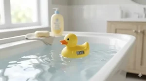 An inexpensive floating duck-shaped bath thermometer testing the water temperature for a baby's safety.