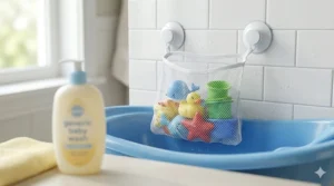 A mesh suction-cup bag holding colorful bath toys, showcasing affordable organization for baby bath products.