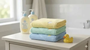 A stack of neatly folded, low-cost cotton hooded towels for babies in pastel colors.