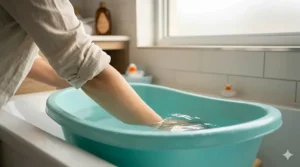 A parent using an elbow to check the warm water temperature in a baby bathtub to ensure safety.