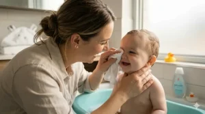 Using a soft, damp washcloth to gently wipe a baby's eyes and face without soap.