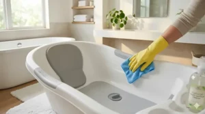 A person wiping down the smooth, easy-to-clean surface of a plastic baby bathtub to prevent mold.