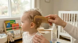 A wide-tooth comb gliding through knots after using a detangler for baby hair to prevent breakage.