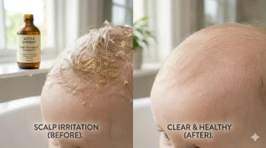 Side-by-side comparison of baby scalp irritation before and after treatment with specialized dandruff shampoo.