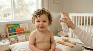 An illustration of bouncy curls defined and softened by a moisturizing detangler for baby hair.