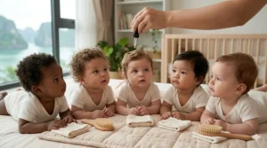 A photorealistic 4K detailed photograph showing five diverse infants with varying hair textures—coily, curly, wavy, and straight—illustrating the universal benefits of oil for all baby hair types.