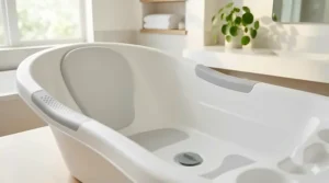 Close-up of high-quality, BPA-free hard plastic material used in a long-lasting baby bathtub.