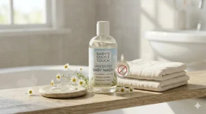 A minimalist graphic showing a scent bubble with a cross through it to indicate 100% fragrance-free baby soap.