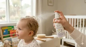 An illustration of a spray bottle applying a fine mist of detangler for baby hair onto damp locks.