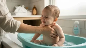 Illustration showing the correct way to support a baby’s head and neck during the complete baby bath routine.