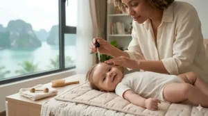 A photorealistic close-up photograph of a caregiver gently massaging a single drop of clear nourishing oil into an infant's scalp with fingertips, showing the proper application technique.
