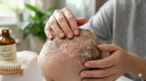 Step-by-step guide on applying dandruff shampoo to a baby’s scalp using gentle circular motions.