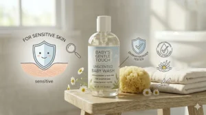 A clinical-style badge illustration labeled "Hypoallergenic" for unscented baby wash safe for newborns.
