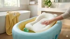 A soft, air-filled inflatable baby bathtub showing the cushioned interior designed for infant comfort and safety.