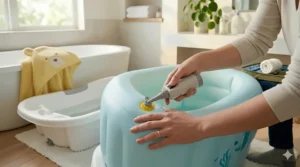 A parent using a manual pump to quickly set up an inflatable baby bathtub for a child's bath time.