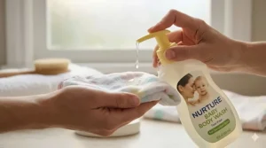 A person dispensing a small amount of liquid baby body wash from a pump bottle onto a soft washcloth.