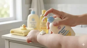 A close-up hand applying budget baby lotion from a pump bottle to a baby’s arm, highlighting affordable skincare for sensitive infant skin.