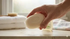 A smooth, hypoallergenic bar of baby soap held in a hand, showcasing its creamy lather and size.