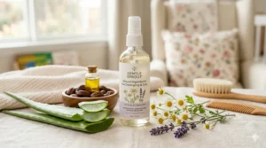 Illustration showing organic ingredients like aloe vera and jojoba oil used in a detangler for baby hair.