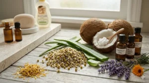 An overhead view of natural ingredients like chamomile, aloe vera, and coconut oil used in organic baby soaps.