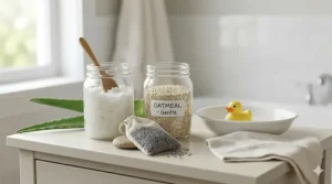 Homemade budget baby bath solutions showing a jar of coconut oil and oatmeal as natural cleansing alternatives.