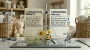 Botanical illustration of chamomile, aloe vera, and coconut oil used in organic baby wash formulas.