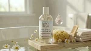 A collection of newborn bath essentials including a sponge, a soft comb, and a bottle of unscented baby wash.