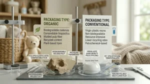Illustration of biodegradable and recyclable packaging often found with organic baby wash brands.