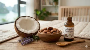 A photorealistic close-up photograph of a cracked coconut, whole almonds, and a bottle of argan oil, showing the natural ingredients for baby hair growth.