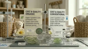 Infographic comparing the price point and ingredient quality of organic versus regular baby wash.