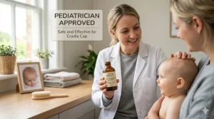 A friendly illustration of a doctor recommending a specialized shampoo for infant seborrheic dermatitis.